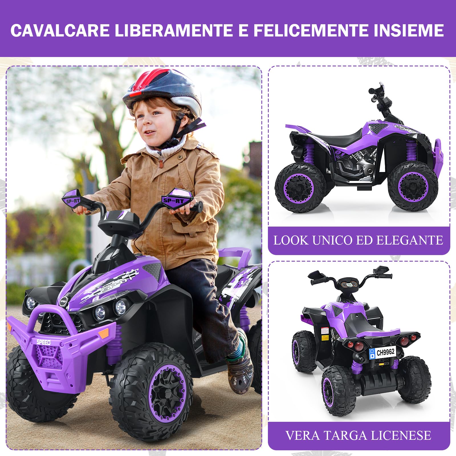 GYMAX Quad Elettrico per Bambini da 12 V, Veicolo per Bambini con Fari a LED, Musica e Clacson, 4 Ruote Antiscivolo e Avviamento Lento, per Bambini 3-8 anni, Capacità di Carico fino a 35 kg (Viola)