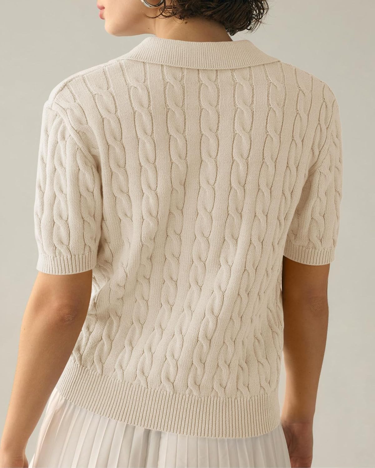 Imily Bela Women's Cable Short Sleeve Sweaters Tops Solid Lapel V Neck Knit Casual Soft Pullover Shirt - Image 3