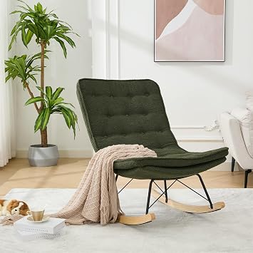 Lazy Rocking Chair,Comfortable Lounge Chair with Wide Backrest and Seat Wood Base, Upholstered Armless Rocker Chair for Living Room, Balcony,Bedroom and Patio Porch Dark Green