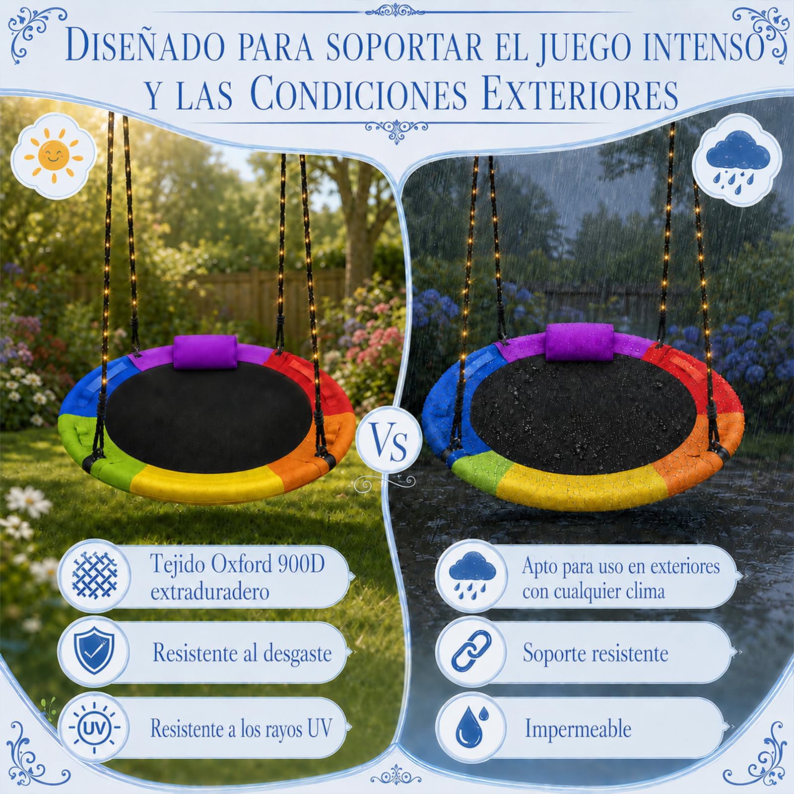 Columpio Tipo Nido Exterior de 100 cm, Columpio de Disco Jardín Capacidad de Carga de hasta 300 kg con Guirnalda de Luces, Giratorio 360° y Kit de Montaje para Niños y Adultos (Rojo)