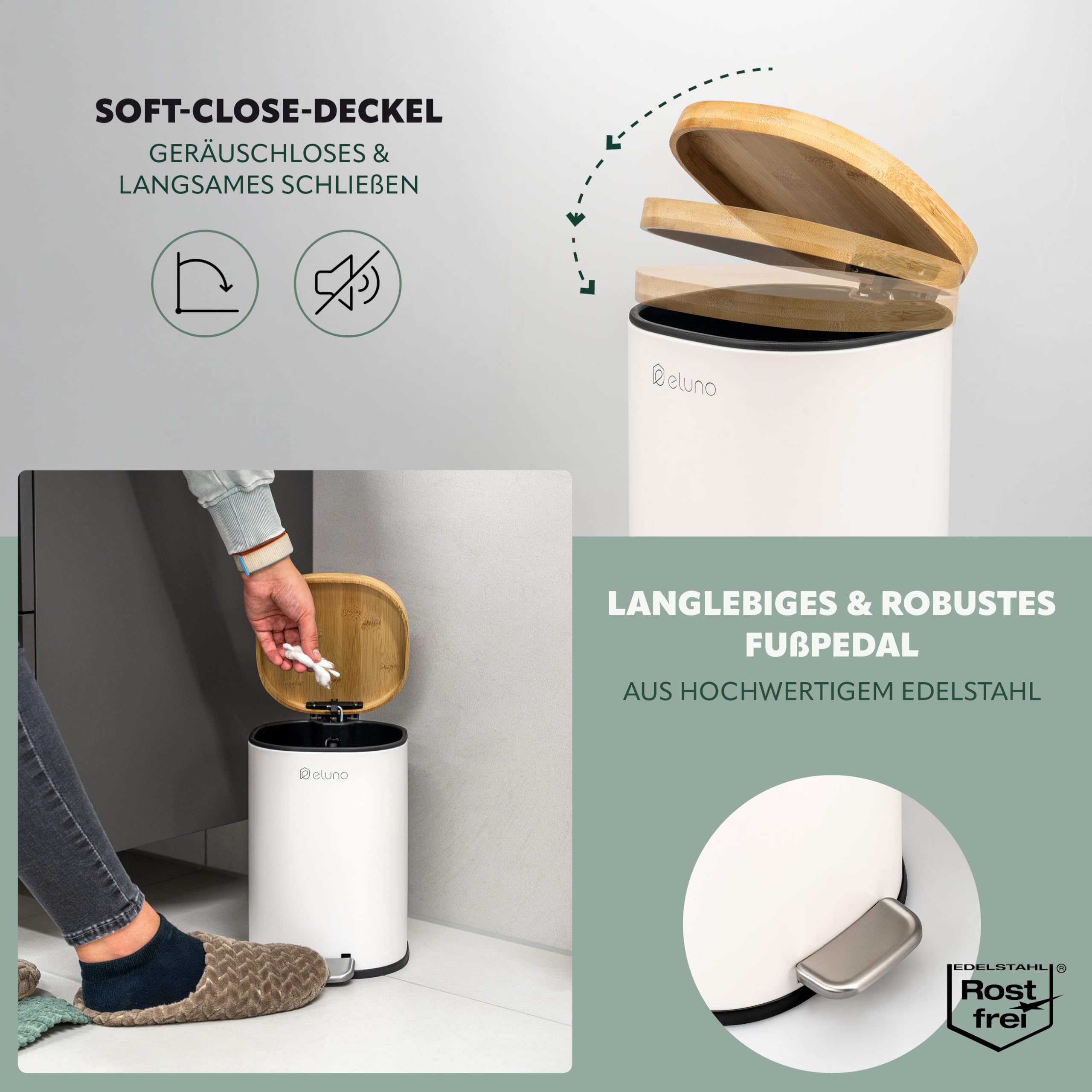 eluno Juego de accesorios de baño Framura, 2 piezas, compuesto por 1 cubo cosmético con tapa de cierre suave y 5 litros de capacidad y 1 juego de inodoro, de metal con tapa de bambú (blanco)