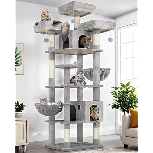 Globlazer Cat Trees and Towers for Multiple Adult Cats, 82-inch XXL Tall Cat Tree Tower for Indoor Cats with Scratching Post, 3 Perches, 2 Condos, 2 Hanging Baskets, F82, Light Grey