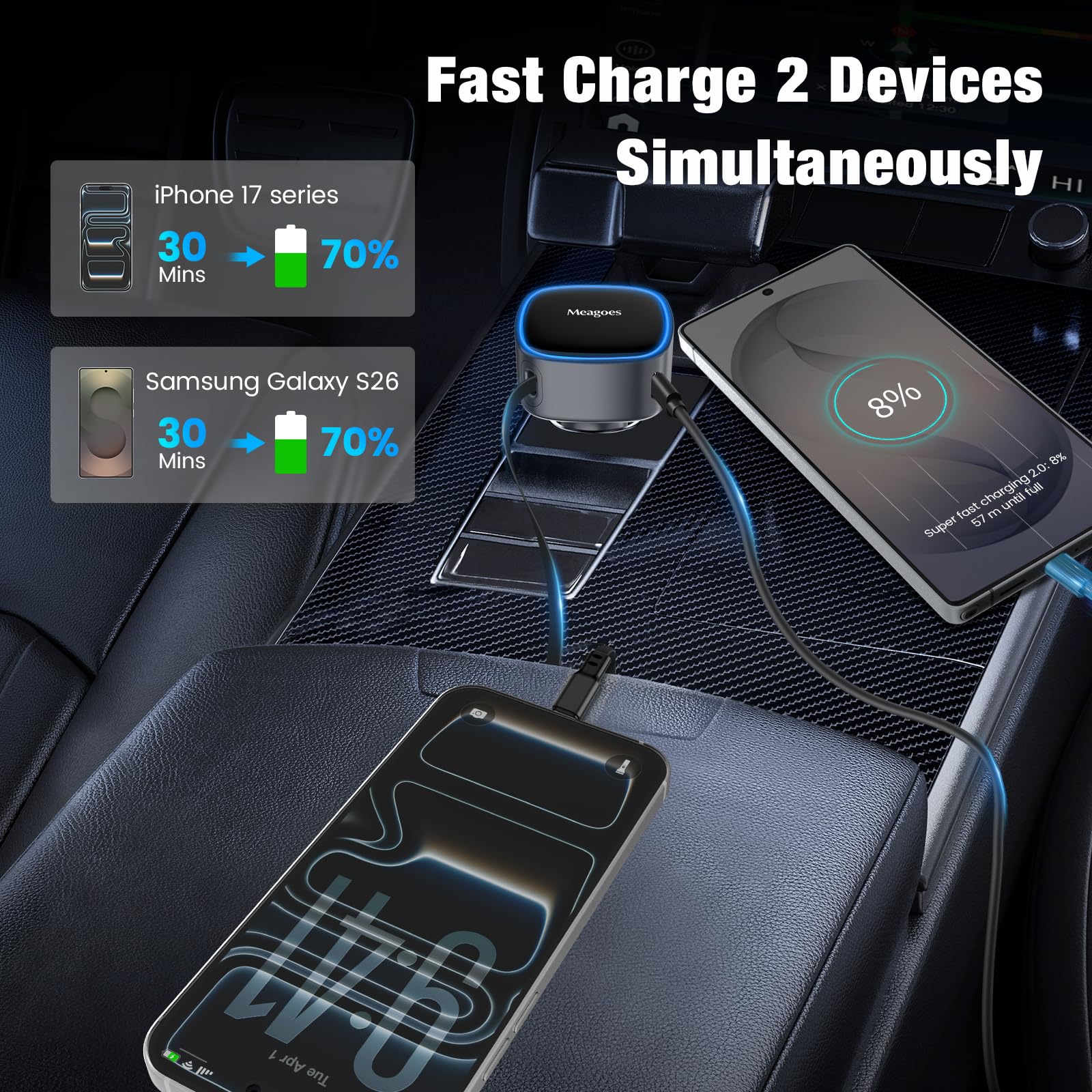 Cargador de coche retráctil USB C, adaptador de coche súper rápido de 90 W para iPhone 17 Pro Max/Air/16/iPad/Galaxy S26, accesorios USB C para teléfono Android, adaptador dual de 45 W PPS para