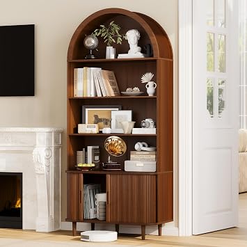DHH 71" Tall Arched Bookshelf, 5 Tiers Arch Bookcase with Storage, Modern Farmhouse Book Shelf with Adjustable Shelves &Sliding Doors, Wood Display Cabinet for Living Room, Office,Walnut