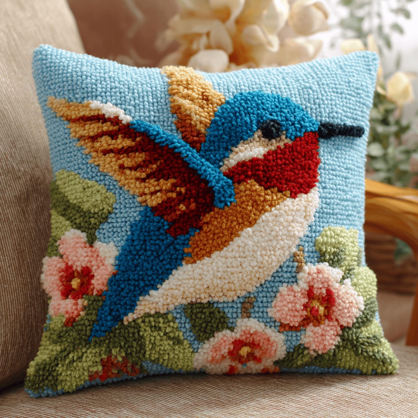 Taxpy Hummingbird Latch Hook Cushion Kit,17x17in DIY Pillow Cover Craft Set with Yarn,Hook & Printed Canvas,Fun and Relaxing Handmade Gift for Beginners,Adults