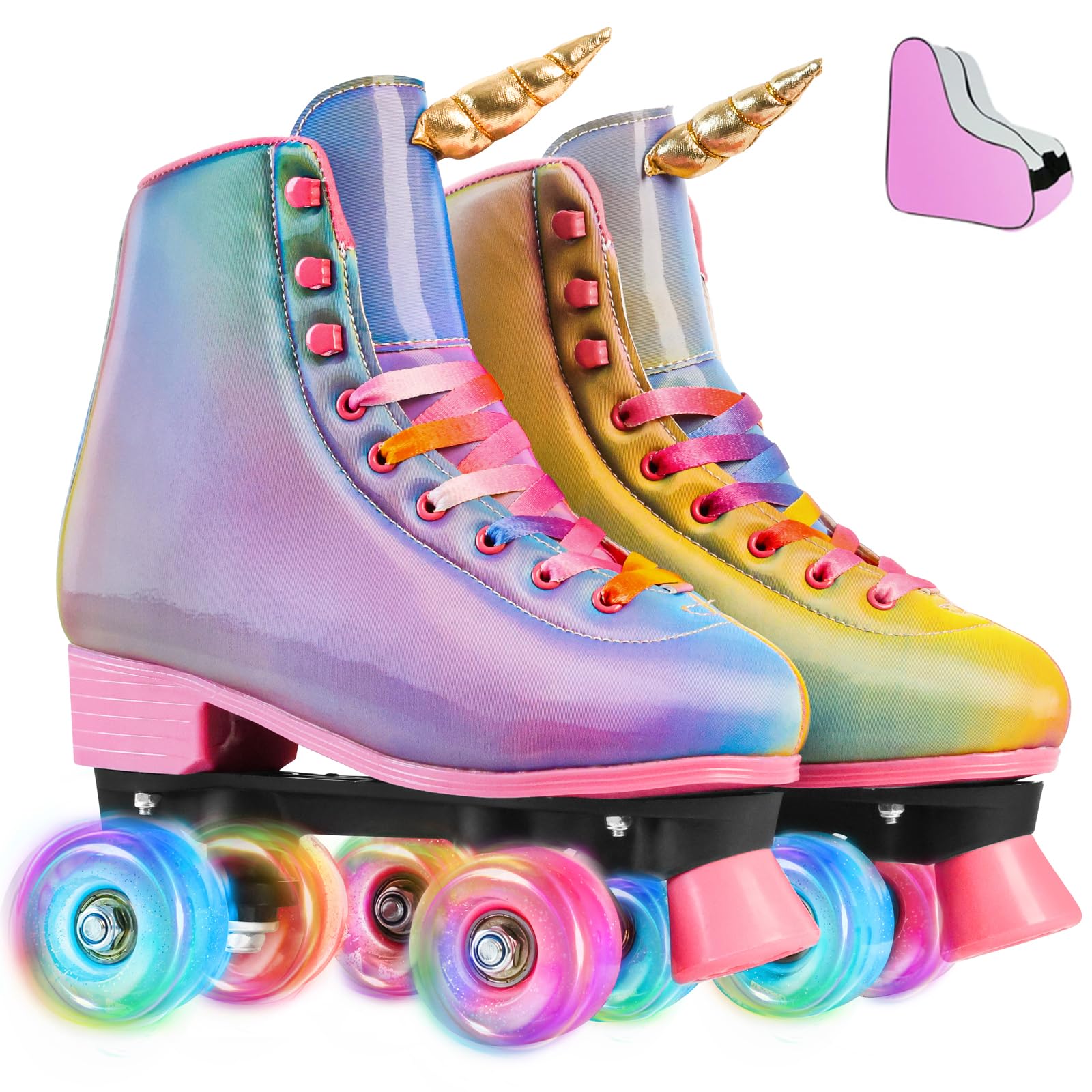 LEVYTEMP Roller Skates for Women, Men Light-Up Wheels Double-Row Rollerskates High-Top PU Leather Classic Designs Gradient Skate Shoes with Horn for Girls Beginners with a Shoes Bag Size 8 Outdoor