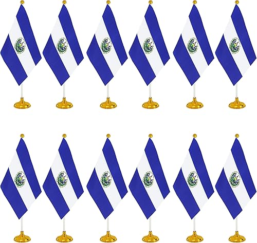 WXTWK Paquete de 12 banderas de escritorio con la bandera de Salvador, pequeñas banderas de mesa de El Salvador con base de soporte, decoración de