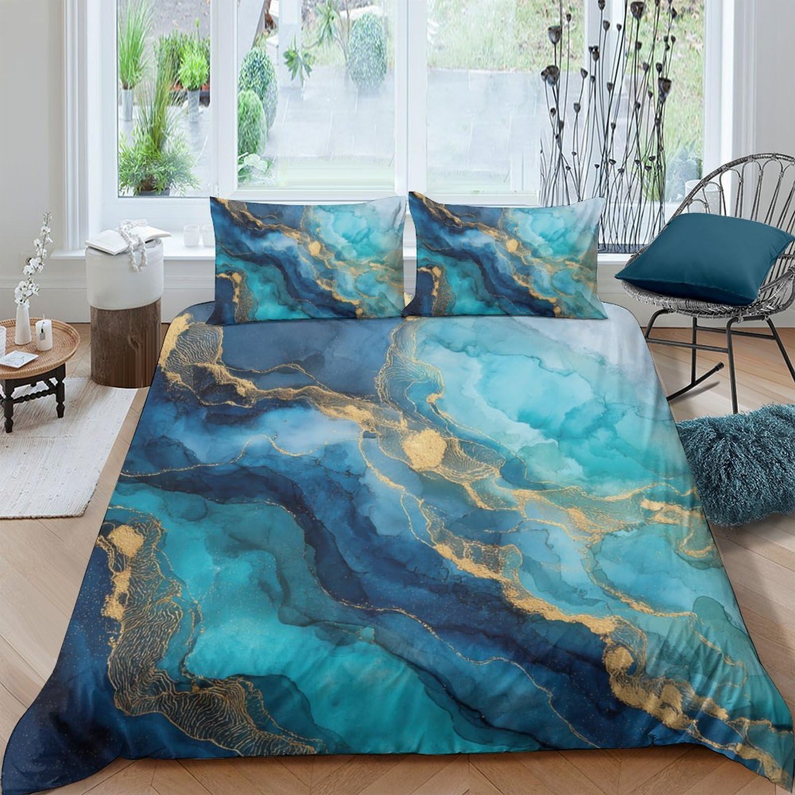 Ctjqhvkz Style-5 3D Printed Ocean Marble Fitted Sheet Microfiber Soft Blue Gold Wave Mattress Cover Bedroom Decor Single（135X200cm）