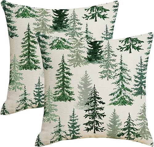 Juego de 2 fundas de almohada decorativas de lino natural y natural de invierno de 18 x 18 pulgadas, diseño de árbol de Navidad, diseño de bosque y