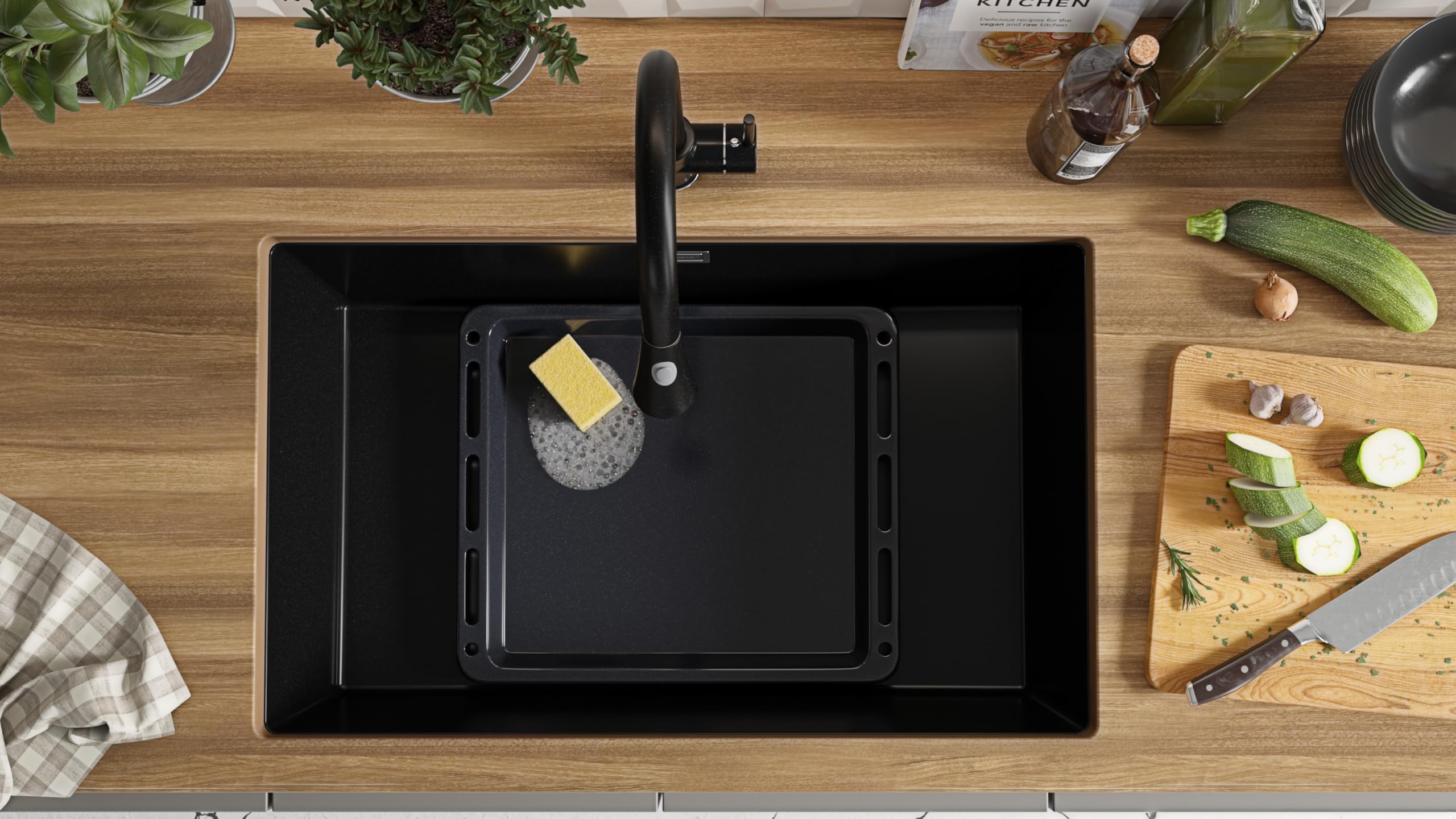 PRIMAGRAN Fregadero bajo Encimera Negro 76x47cm, Cocina 1 Seno + Sifón, Granito al Mueble 80cm - London S477