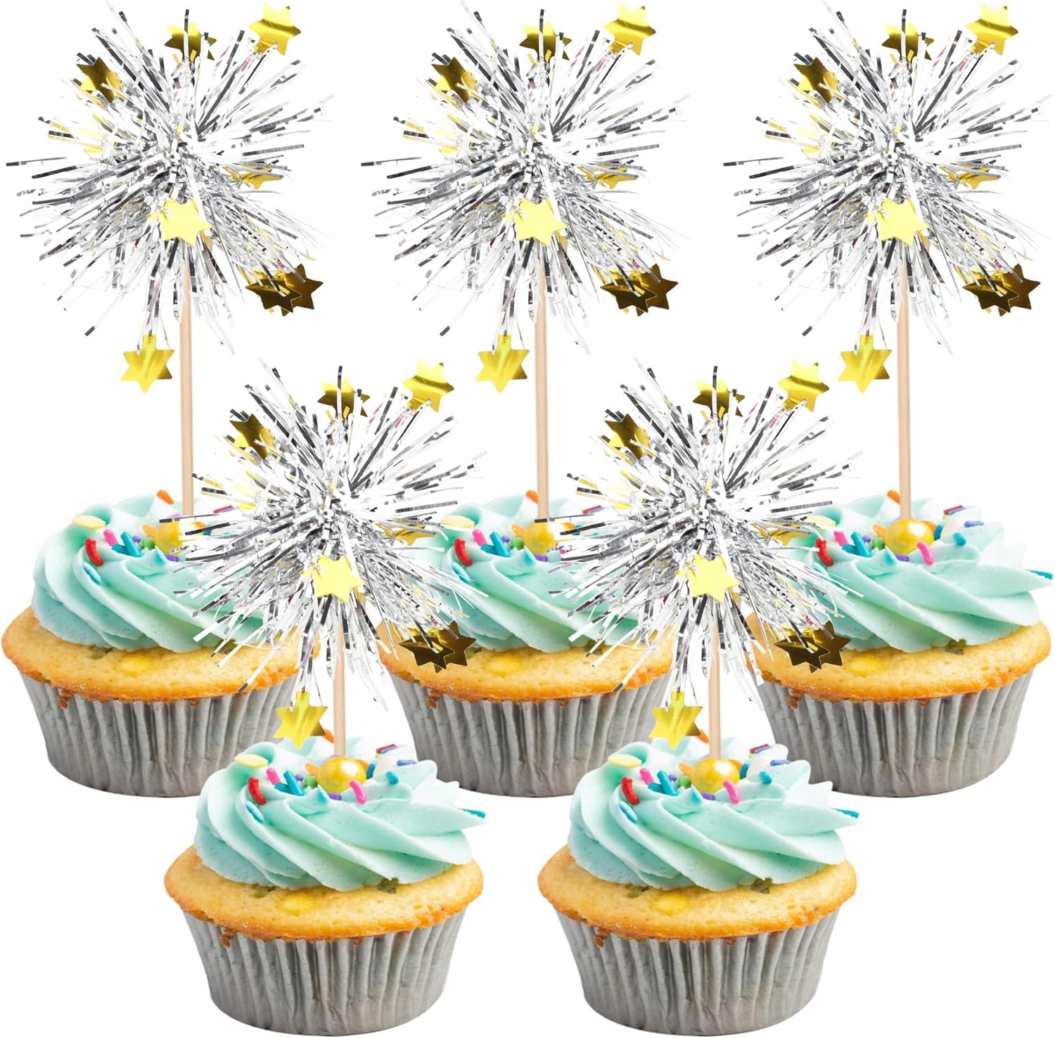 SYKYCTCY 30 Pack Foil Firework Cupcake Toppers Happy Birthday Cake Toppers Star Sparkle Tinsel Flower Drink Stirrers Cocktail Fruit Toothpicks for Birthday Wedding Graduation Party Supplies