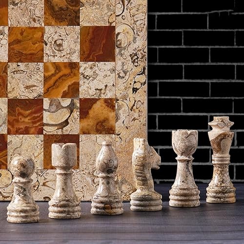 Miniatura 2 de RADICALn - Juego completo de ajedrez de mármol de coral fósil y marrón oscuro hecho a mano