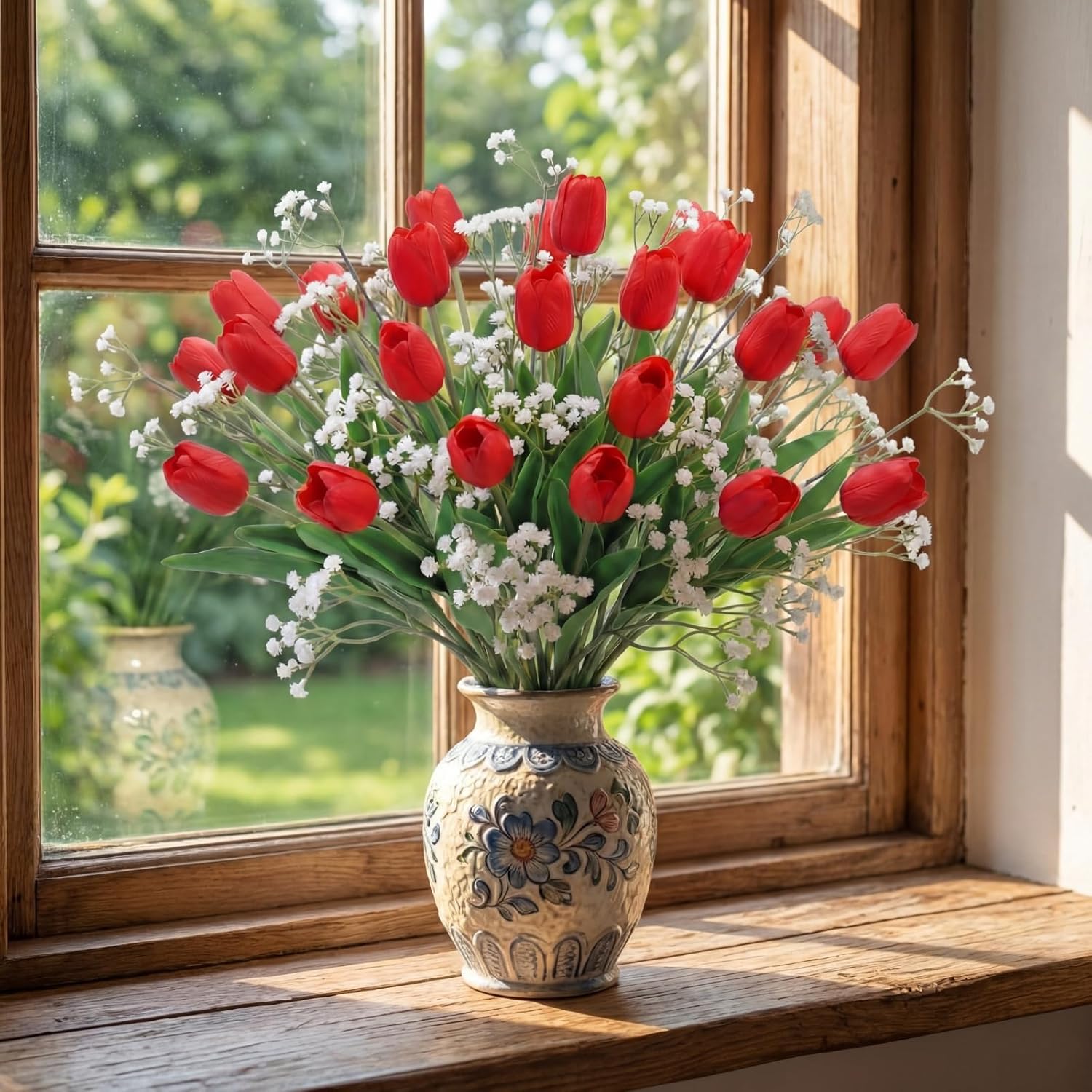 Hotop 30pcs 24 Inch Tulips Artificial Flowers Mother's Day Fake Tulip Fake Baby's Breath Flower Artificial Flower Decorations Bouquet for Home, Wedding, DIY Gift Party(Red, White)