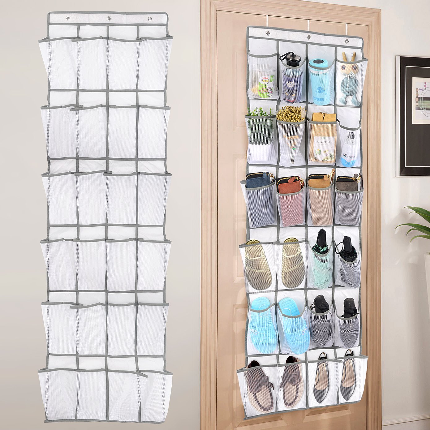 Satisure Over The Door Shoe Organizer, 24 Mesh Pockets Single-Sided Hanging Shoe Storage Rack with Hooks