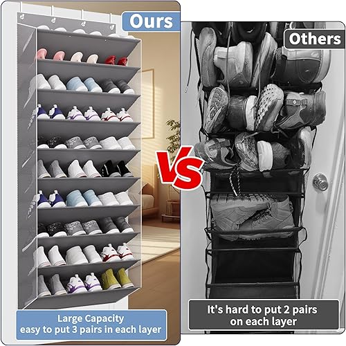 Miniatura 3 de Organizador de zapatos de 10 niveles de tamaño grande sobre la puerta, capacidad para 30 pares de zapateros colgantes con bolsillos profundos para