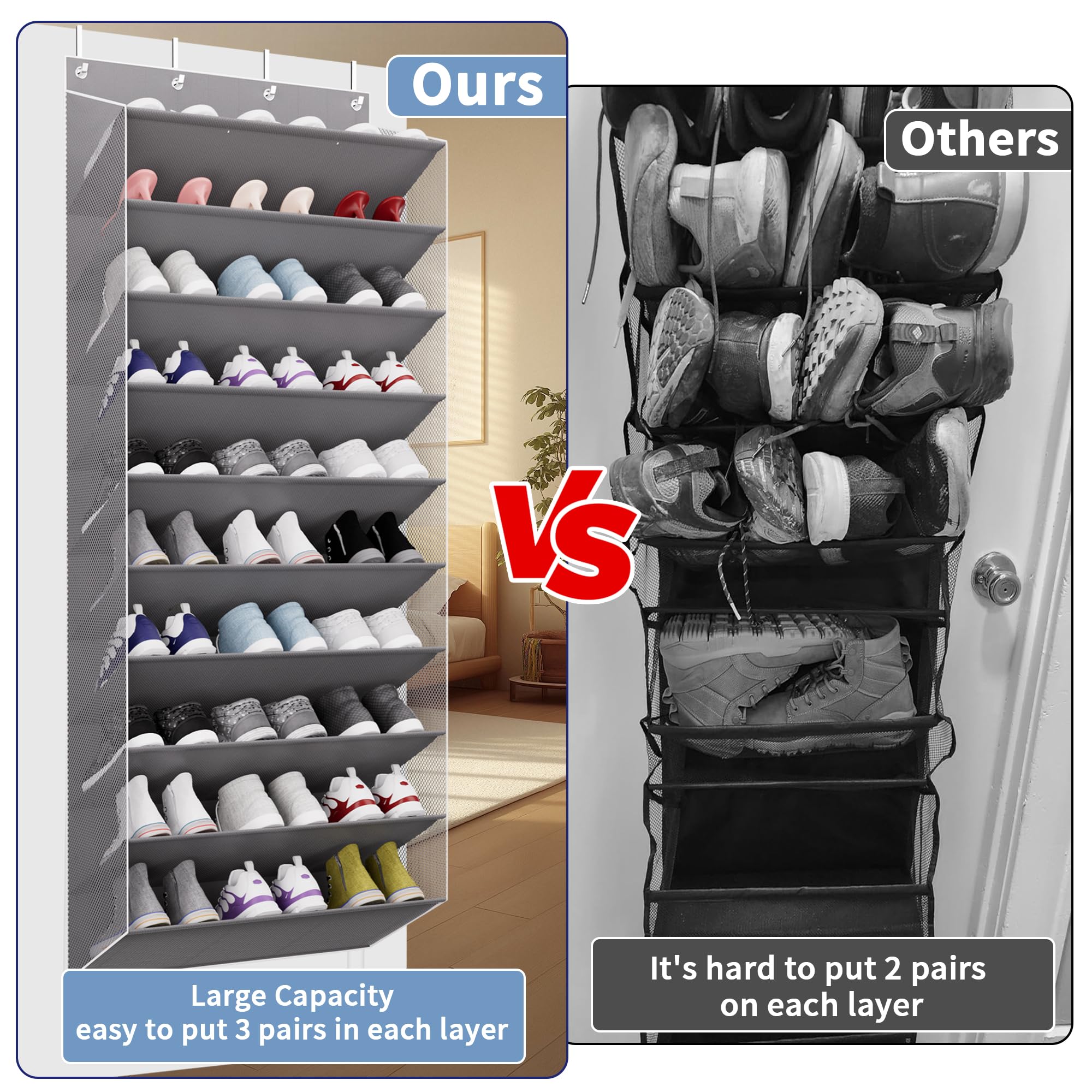 TAHAVICE 10 Pisos Zapatero Colgante Puerta, Guardar 30 Pares De Zapatos Organizador Puerta, Gris Oscuro Zapatero De Tela