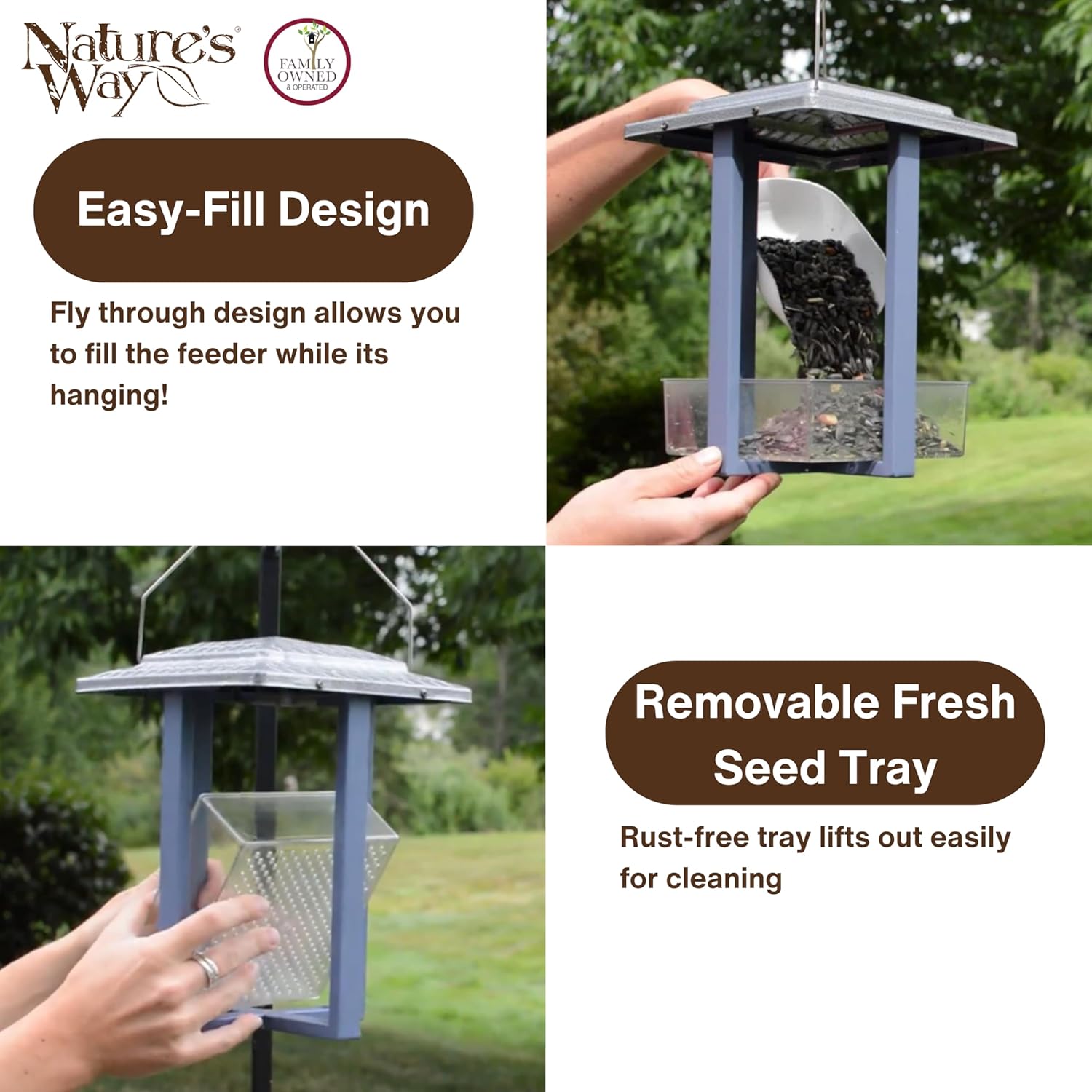Nature's Way Fly-in Hanging Metal Fly Through Bird Feeder with Roof, 4 Cup, Easy to Clean and Fill, Wild Bird Feeder and Outdoor Décor, Blue