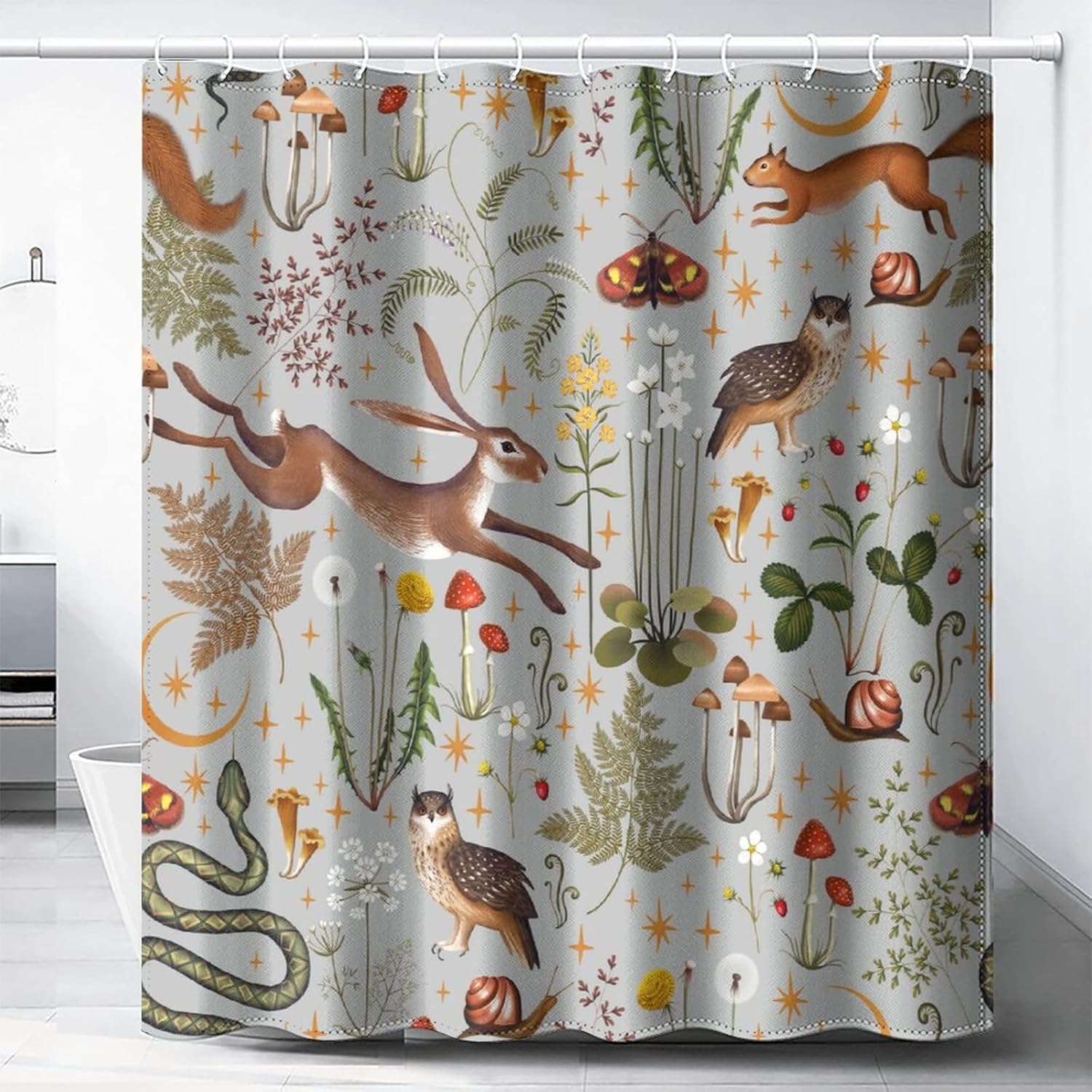 Rustic Forest Shower Curtain Wild Animal Hare Squirrel Owl Snake Snail Flowers Mushroom Pattern for Rural Cottage Farmhouse Shower Curtain with 12 Plastic Hooks Grey Background 66x72Inch(168x183cm)