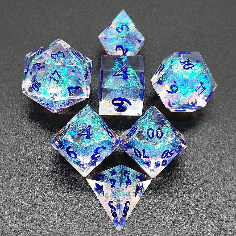 DND Dice Set Pretty, Handmade 7Pcs Sharp Edge Resin Polyhedral D&D Dice for Dungeons and Dragons, TRPG, RPG Role Playing Dice Games,Blue