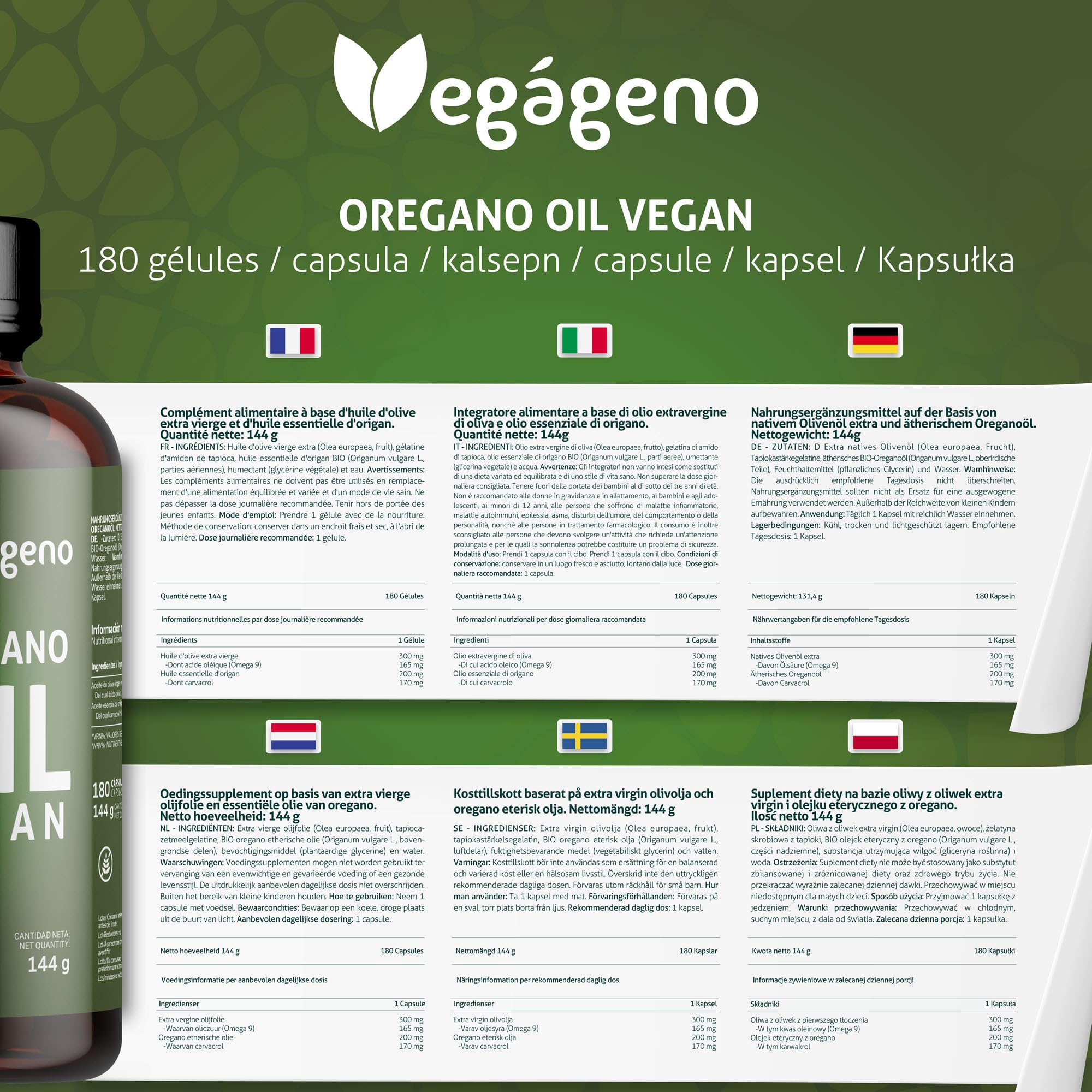 VEGAGENO - Olio Essenziale di Origano | 180 Capsule, 200mg per capsula, con OMEGA 9 Integratore Alimentare a Base di olio Extravergine di Oliva e Olio Essenziale Origano, e Carvacrolo. Adatto Vegani