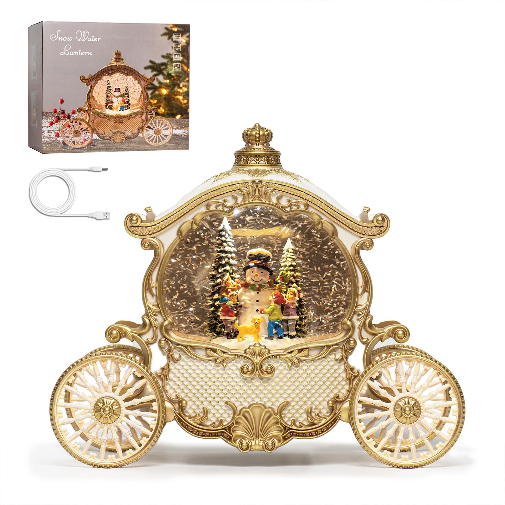 Christmas Carriage Snow Globe with Music - Christmas Snow Globes - Battery Or USB Cable Powered Operated (White with Gold)