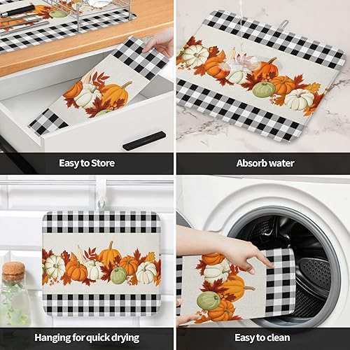 Miniatura 4 de Alfombrillas de secado de platos de calabazas de otoño para encimera de cocina, 2 piezas, búfalo a cuadros negros y blancos absorbentes de