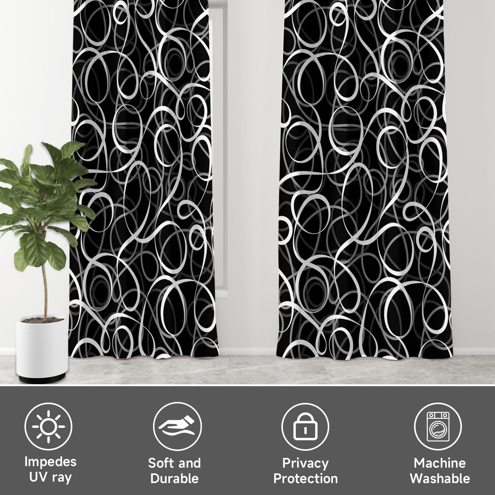 tubeamin Black White Geometric Curtains 2 Panels Blackout Curtain Grey Abstract Line Black Out Modern Pattern Window Treatments Heat Blocking Room Darkening Decor for Living Room Bedroom 52x84 Inch - Image 3