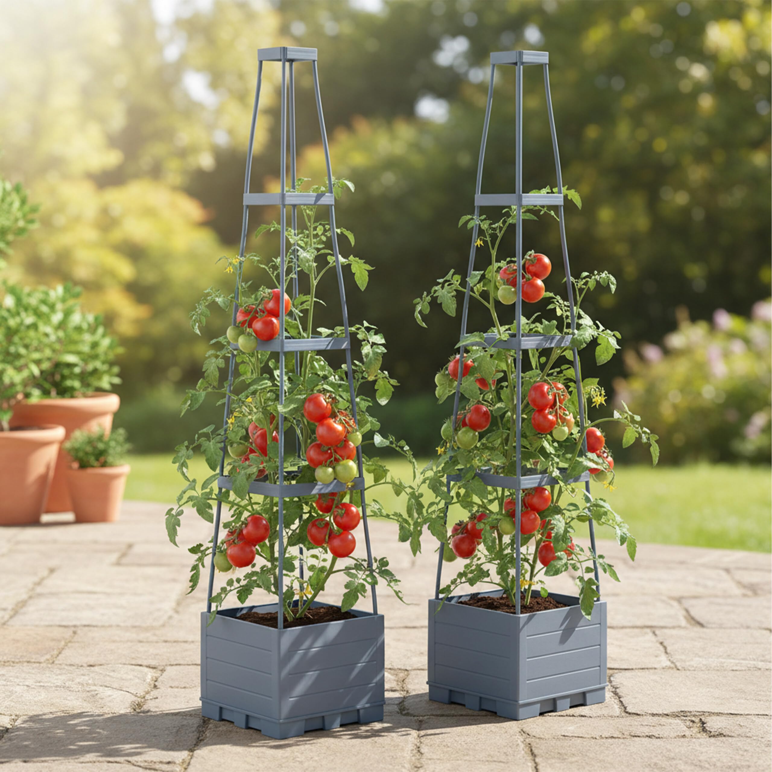 Relaxdays Pflanzkübel mit Rankhilfe, 2er Set, Tomaten, Rosen, Selbstbewässerung, HxBxT: 145x25x25 cm, Pflanzturm, grau