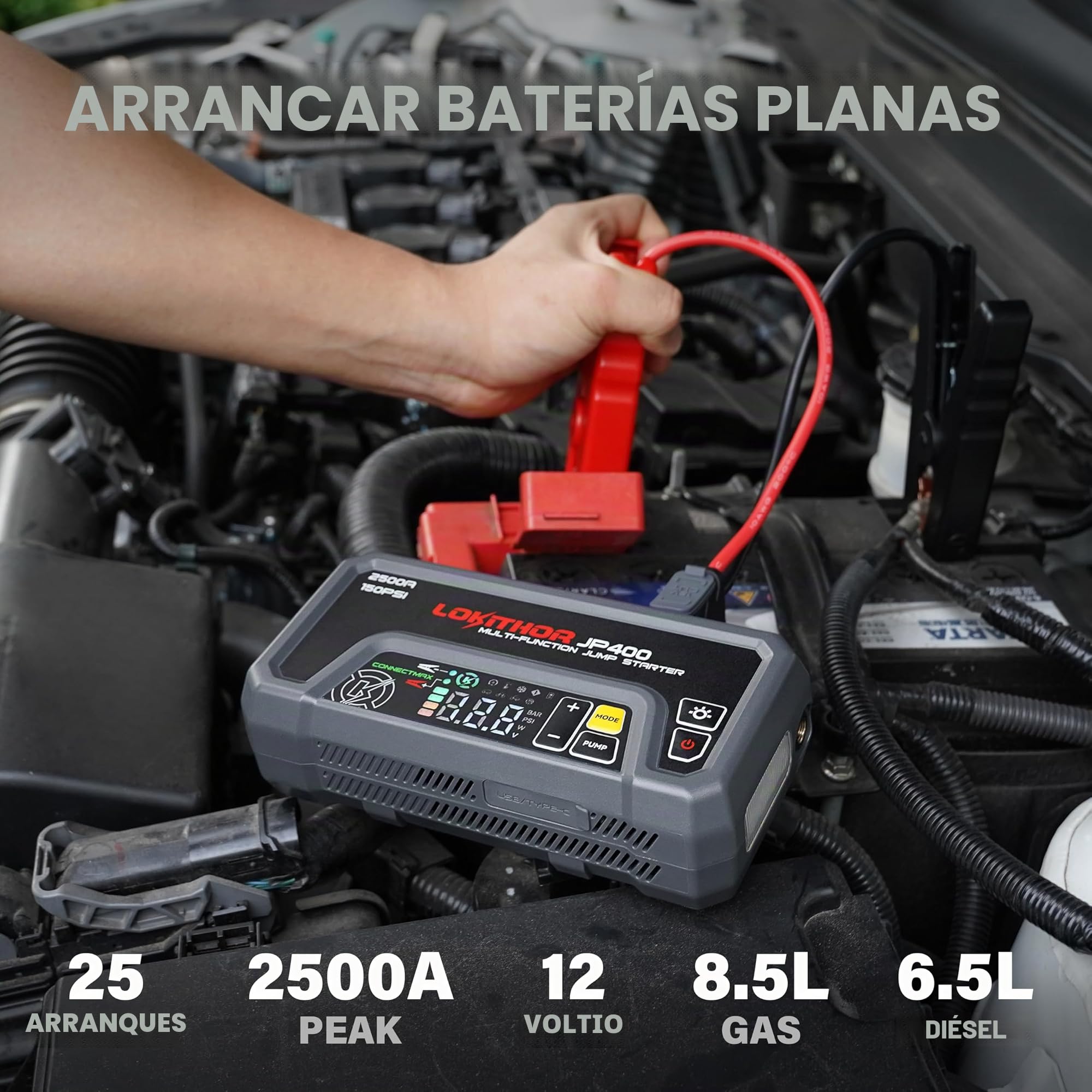 LOKITHOR JP400 Arrancador de Coches Portátil 2500A con Compresor | Cargador Inteligente 6V/12V con Mantenimiento y Desulfatación, Para Gasolina 8,5L y Diésel 6,5L