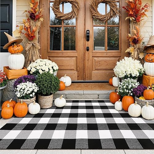 Vista 202 de Tapete Kimode de algodón, a cuadros, color negro y blanco, lavable, para porche, entrada, cocina