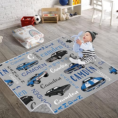 Tapete personalizado para gatear bebé, tapete de juego de automóvil para niños pequeños 43 x 43 pulgadas con nombre personalizado