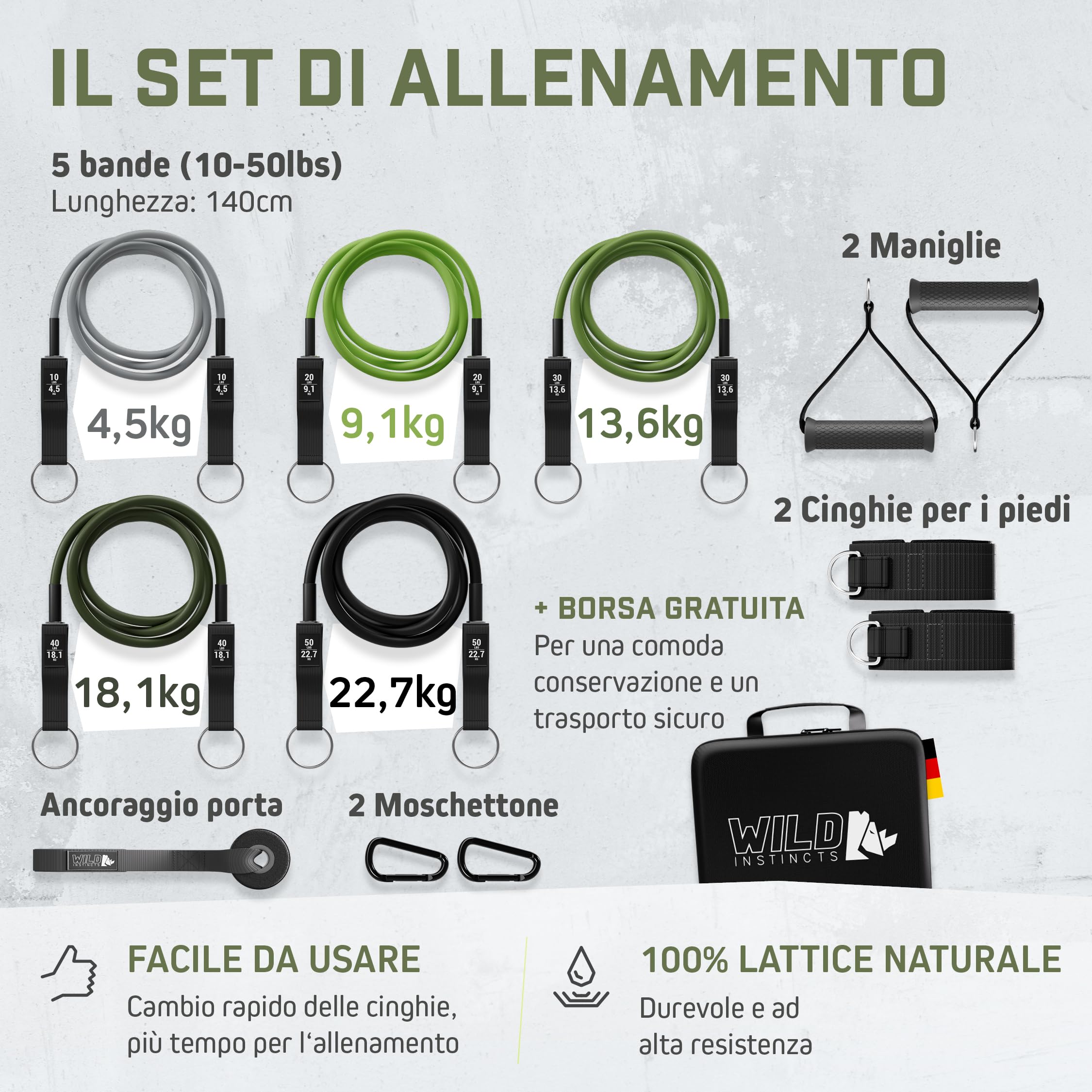 Wild Instincts® Resistance band Set/Elastici con Maniglie per l'allenamento a Casa/Bande Elastiche Fitness/Fasce Elastiche Fitness/Accessori Palestra/Bande di Resistenza Fitness