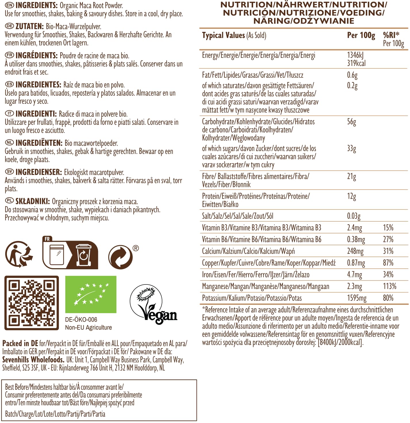 Sevenhills Wholefoods Poudre de maca biologique 1kg du Pérou, poudre de racine de maca pure, végétalienne, sans gluten, sans OGM, casher
