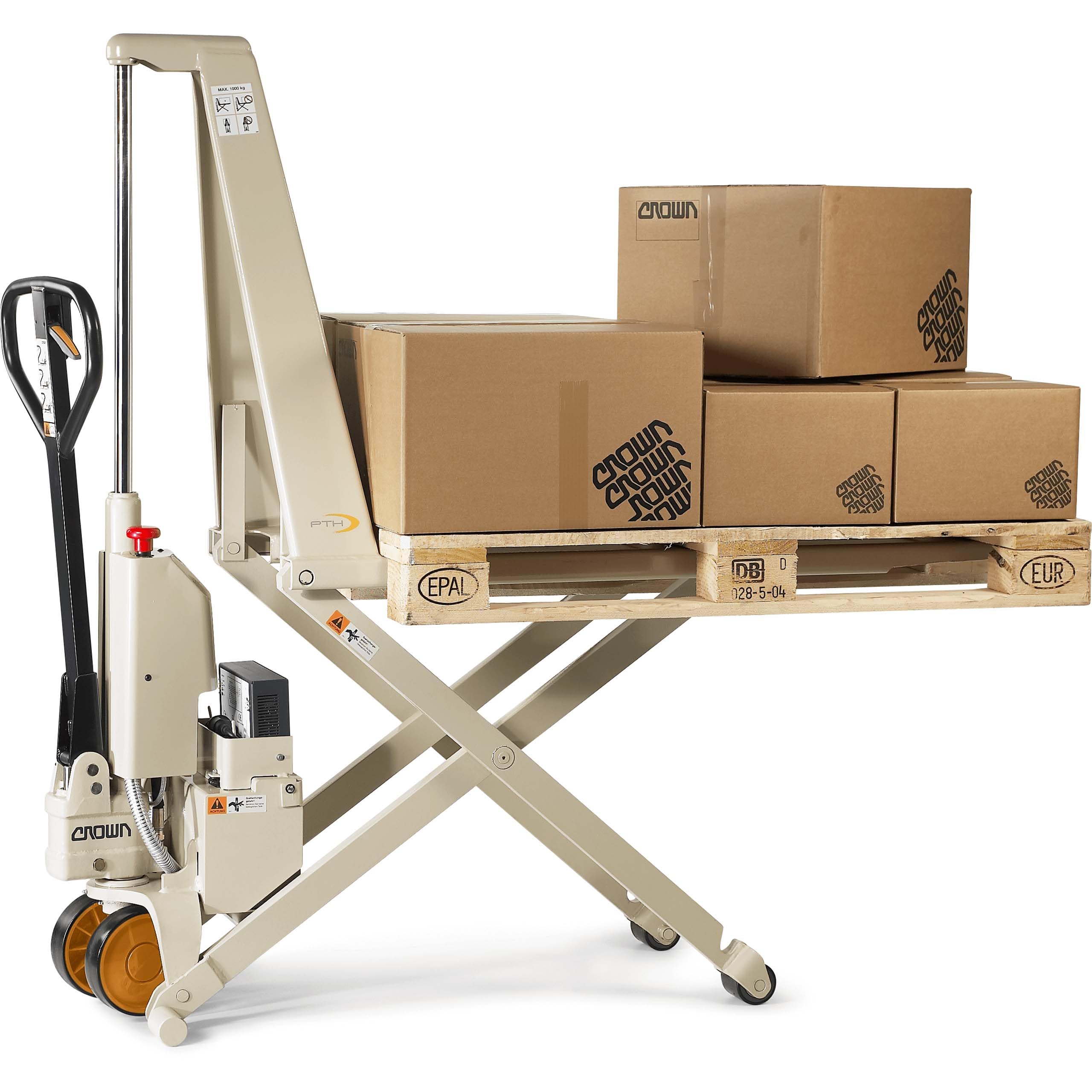 Crown PTH 50 PS Scherenhubwagen mit Elektro-Scherenhub | 1000 kg Tragfähigkeit | Hubhöhe 800 mm | Single-Polyurethanrollen | Hubwagen Scherenhub | Palettenhubwagen | Hubtischwagen