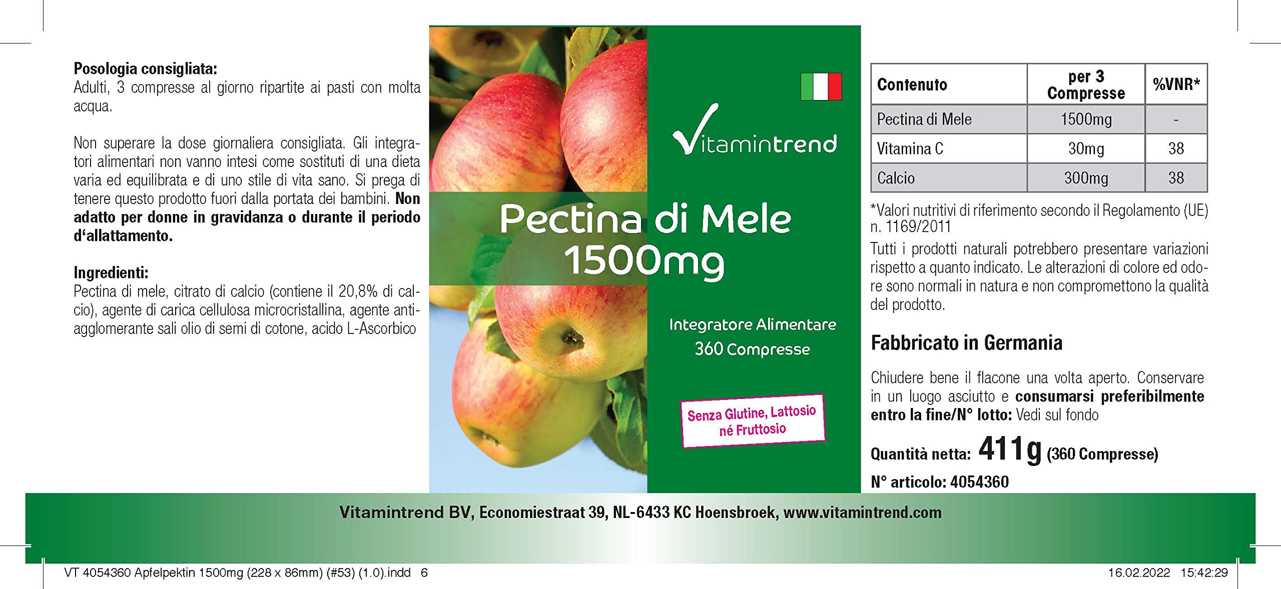 Vitamintrend Pectine de pomme 1500 mg, 360 comprimés, avec calcium et vitamine C, complément alimentaire végane sans additifs, fabriqué en Allemagne