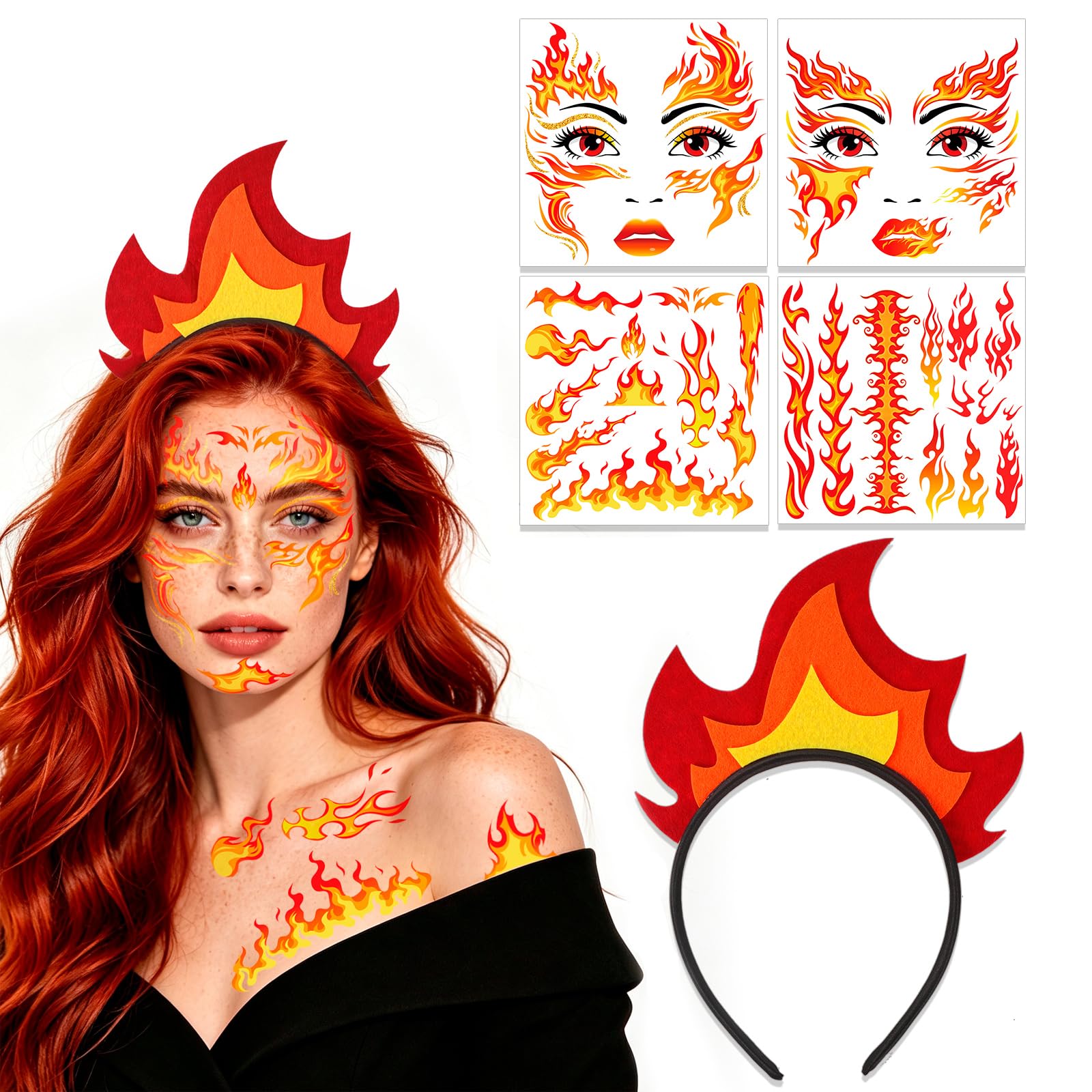 HOWAF Flame Headband & Halloween Face Tattoos Sticker, Fire Headband for Flame Fire Costume, Carnival Halloween Costume Women Men — image 1