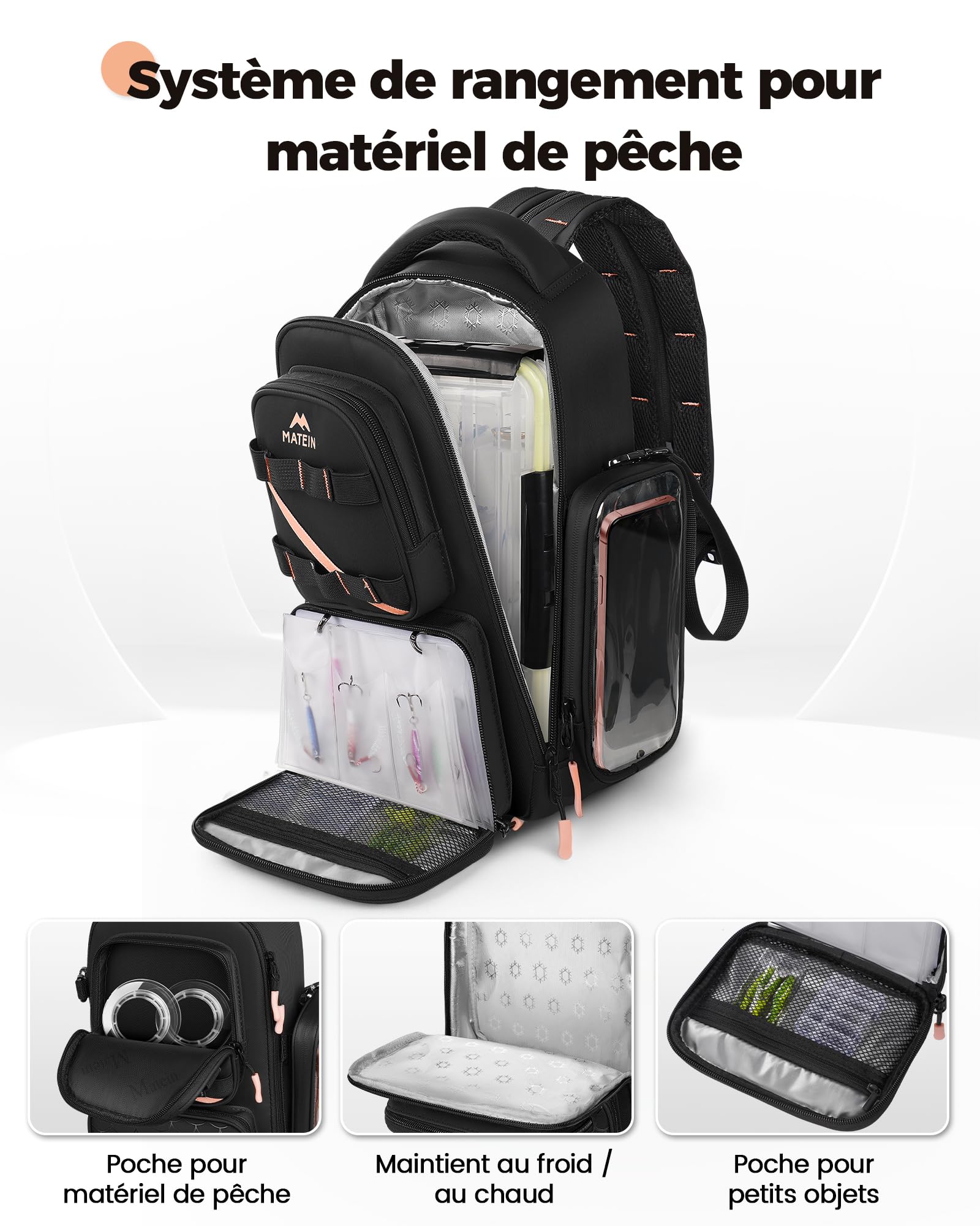 MATEIN Sac de Pêche avec Porte-Canne et Poche pour Téléphone, Noir | Petit Sac a Dos Peche Imperméable pour Femme avec Porte-Esches Amovible et Compartiment Isotherme, 2-en-1, Cadeau Pêcheur