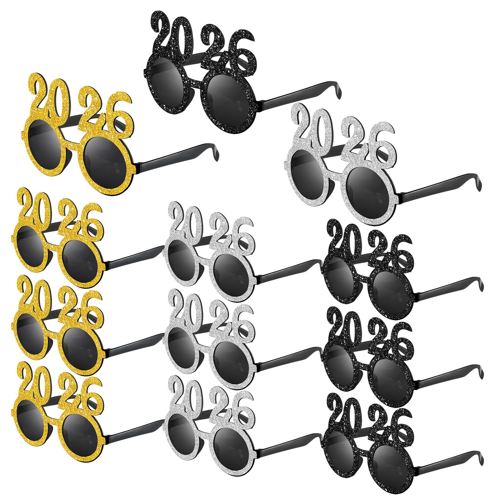 Sherr 12 Pairs 2026 New Year Glasses Frames Glitter 2026 Novelty Glass Eyewear for Adult New Year Holiday Party Favors
