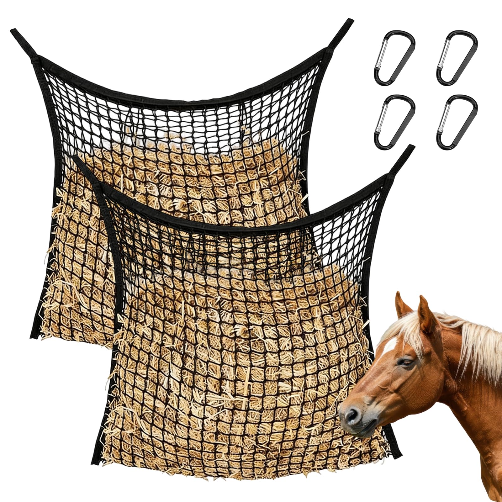 Siatka na siano dla koni, siatka na karmę 90 x 80 cm, siatka na siano z 4 karabińczykami, siatka na siano o wąskich oczkach, torba na siano dla koni, kucyków, starych koni, kóz, karmnik slow siana