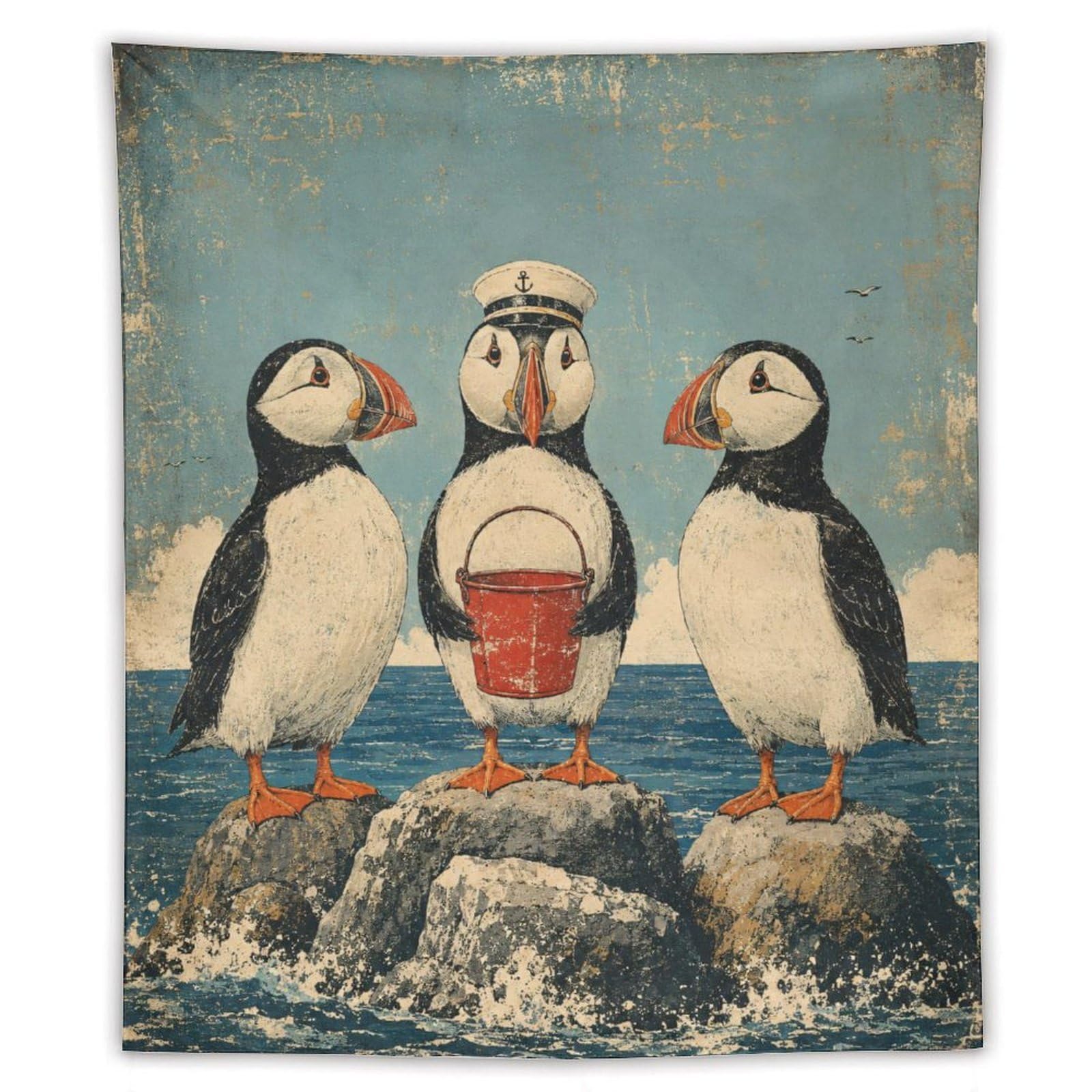 W7C8U2X3 Puffin Trio with Bucket Wall Tapestry, Folk Art, Coastal Birds