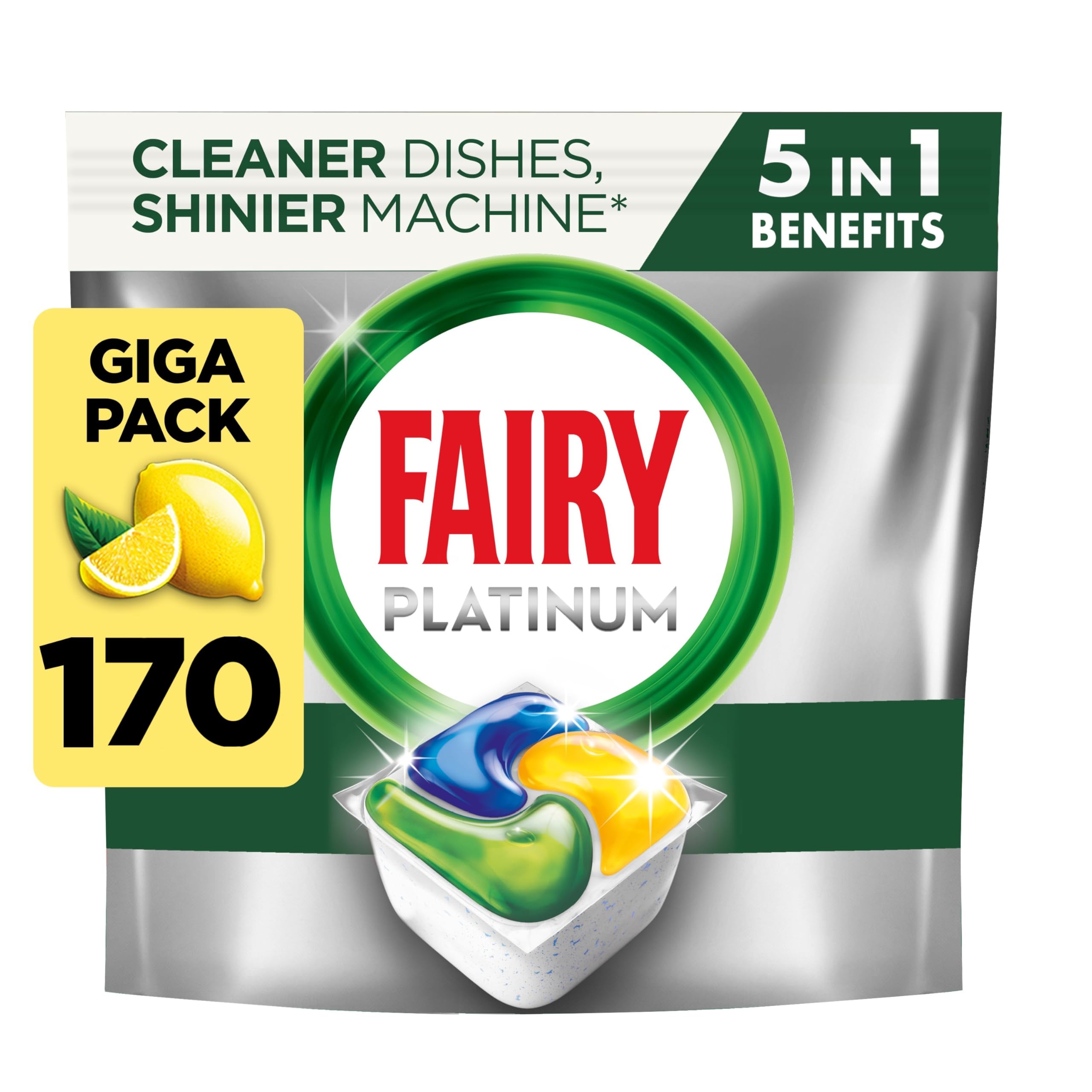 Fairy Platinum Dishwasher Tablets, Lemon, 170 Capsules, Powerful Even on Tough Cleaning Challenges, Clean Dishes, Shiny Machine, Cleans Greasy Filter