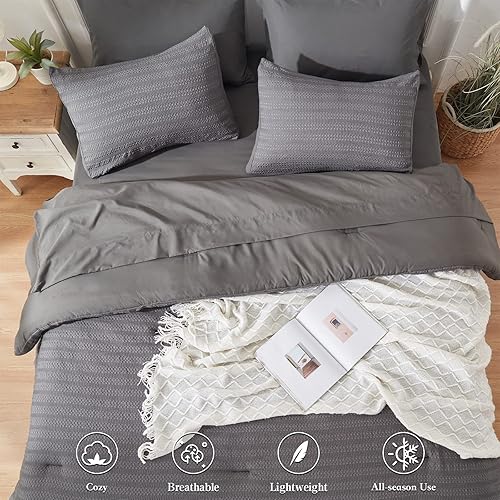 Miniatura 4 de Newspin Cama King en una bolsa, juego de edredón de punto gofre gris oscuro para todas las estaciones, juego de edredón alternativo de plumón de 7