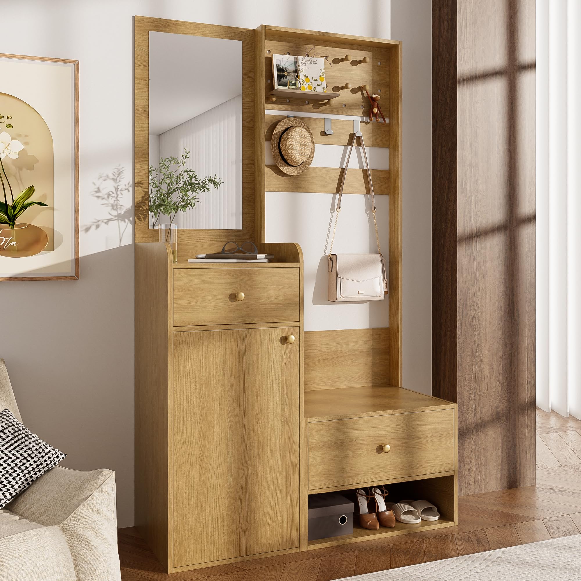 Perchero compacto con espejo, moderno estante de entrada para pasillo con ganchos ajustables y estantes, para zapatos, abrigos y objetos pequeños, blanco, 105 x 38 x 180 cm (color madera)