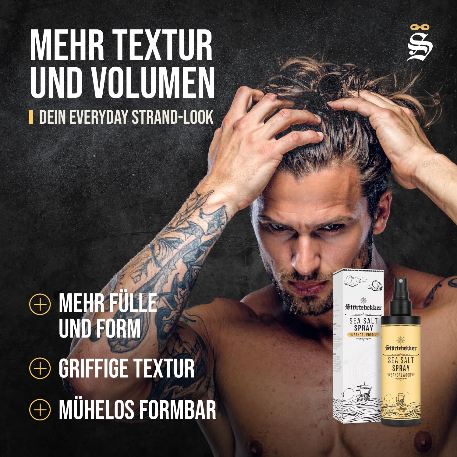 Störtebekker® Premium Sea Salt Spray Sandelholz – Salzwasserspray mit natürlichem Meersalz für Volumen, Glanz & flexiblen Halt – vegan, ohne Silikone & Parabene (200 ml) - Texture Spray Haare