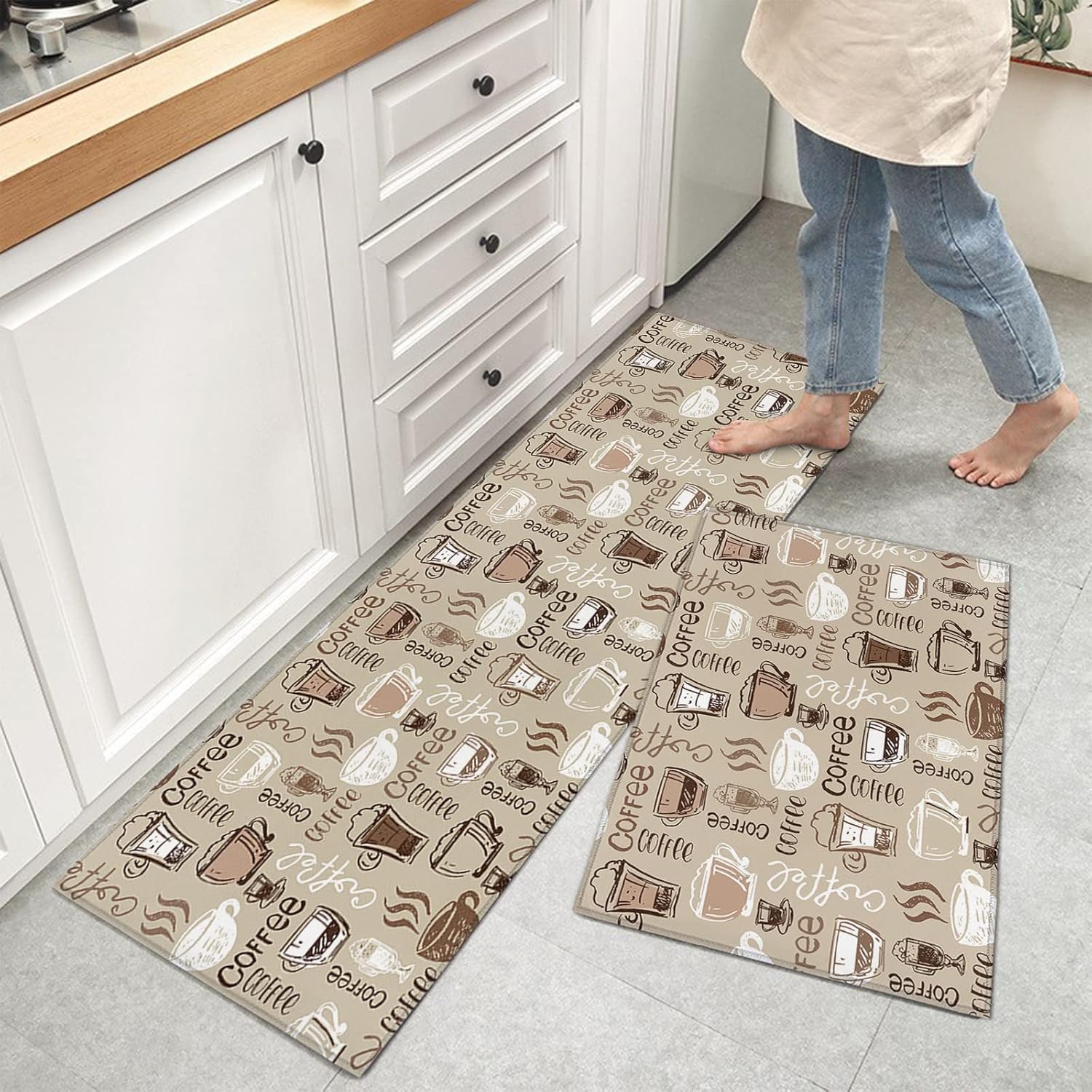Kitchen Mats for Floor, Coffee Theme Coffee Beans Cup