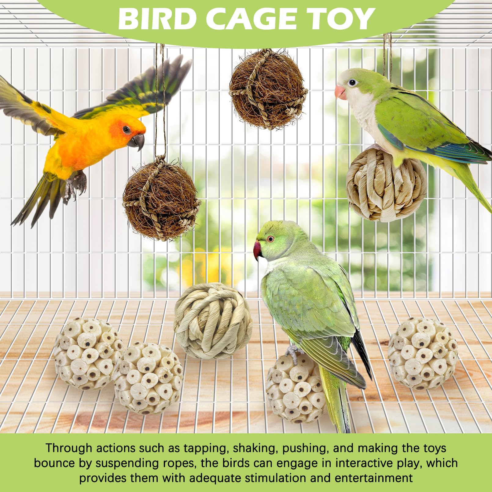 BNOSDM 8PCS Natural Bird Chew Toys Sola Balls Shred Toy Lightweight Conure Foot Toy Interactive Parrot Foraging Toys Bird Chew Balls with Hemp Rope Hook for Budgies Cockatiels Parakeets Senegal - image 5