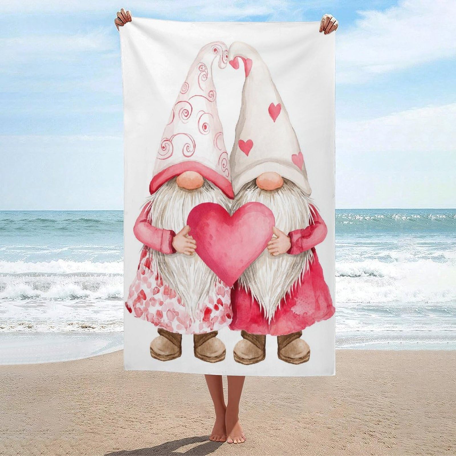 LSRCPD Cute Gnomes Couple Holding A Heart-shaped Beach Towel Sand Free Microfiber Large Shower Towels Multipurpose Absorbent for Bathroom Pool 130x80 CM