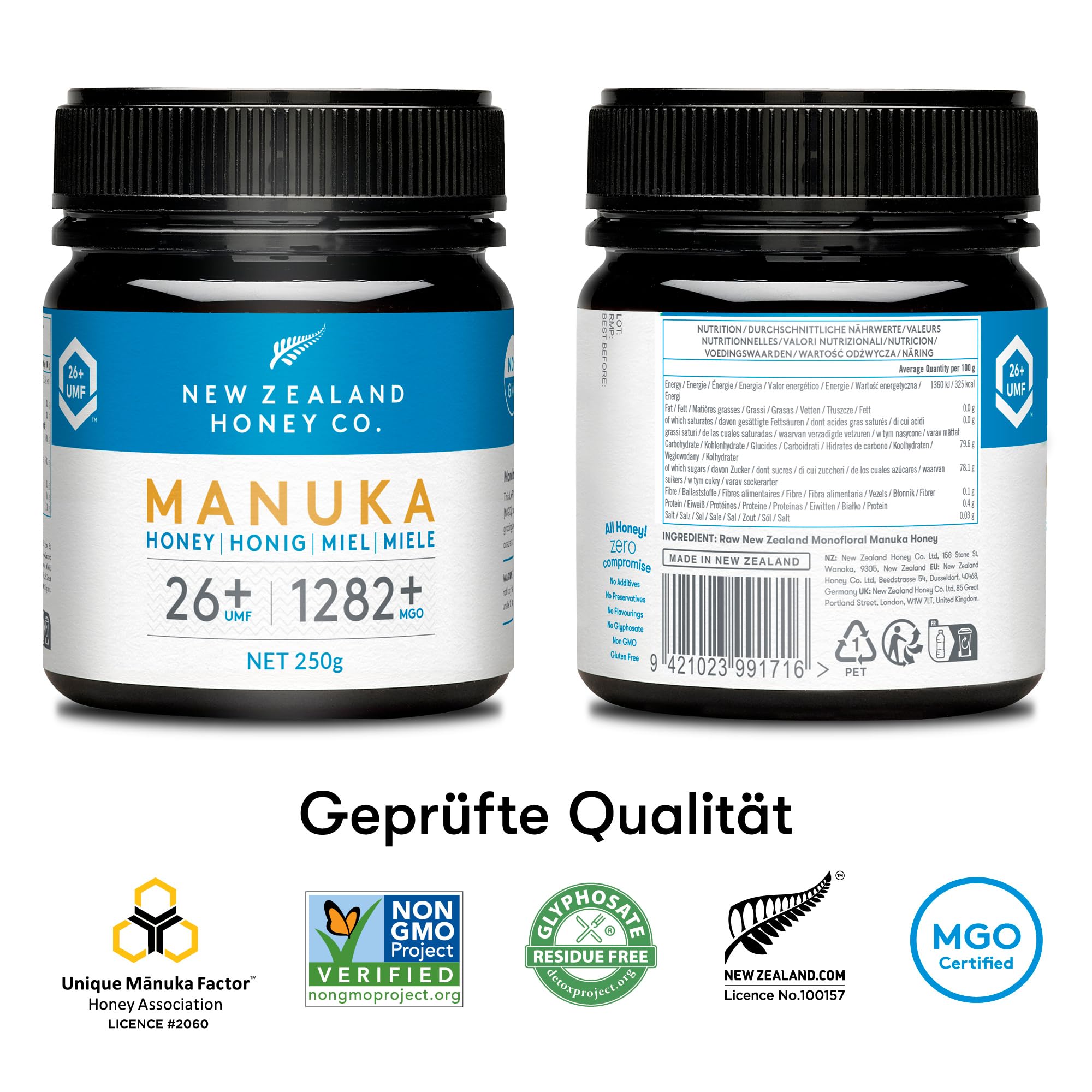 Manuka Honig MGO 1282+ UMF 26+, unabhängig laborgeprüft, roh, 250g | Seltener Spitzengrad, einer der stärksten UMF-zertifizierten Manuka Honige, unabhängig laborgeprüft, roh & monofloral