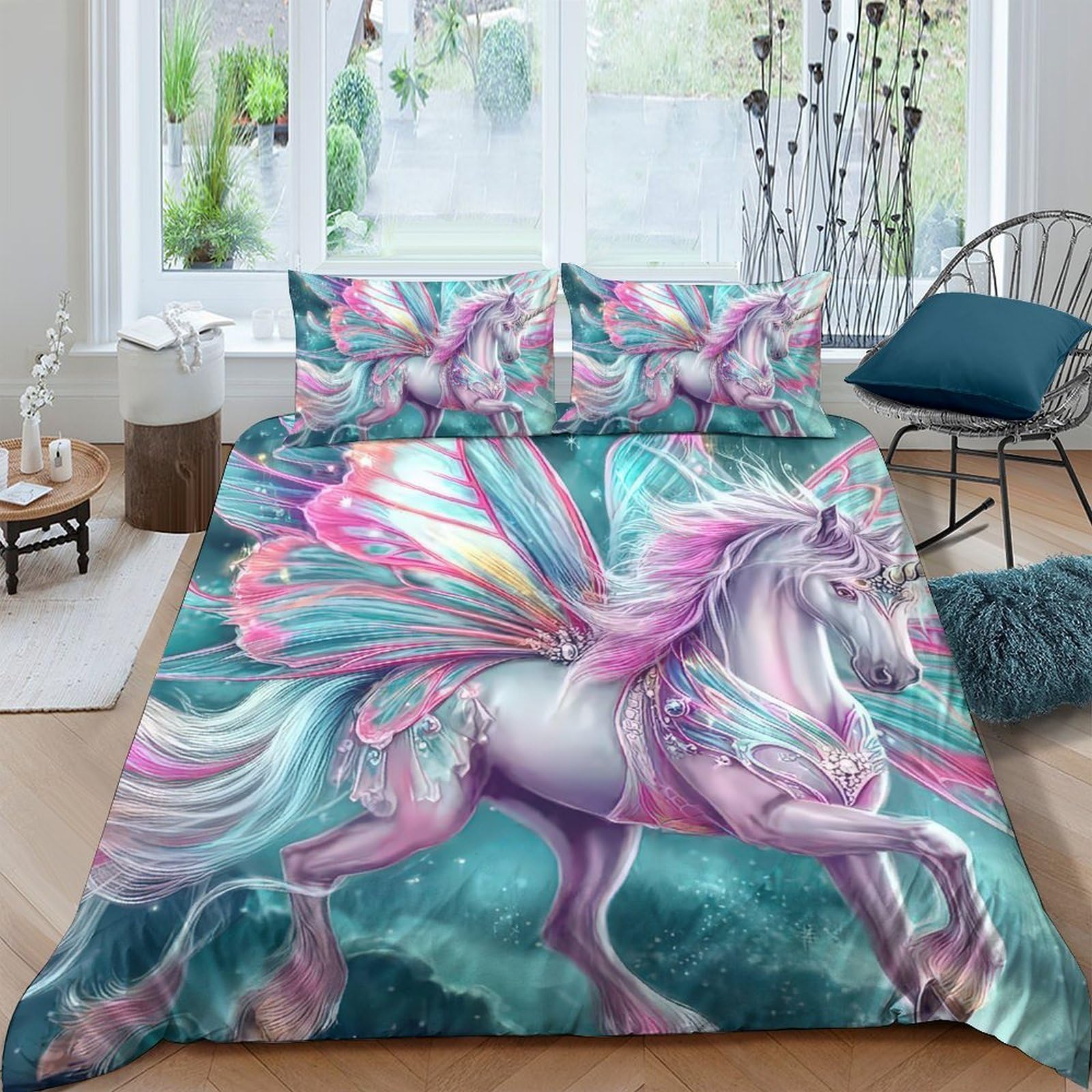 Ctjqhvkz Style-5 3D Printed Fantasy Unicorn Fitted Sheet Microfiber Soft Pink Blue Butterfly Bed Cover For Bedroom Dorm Mattress Decor Single（135X200cm）