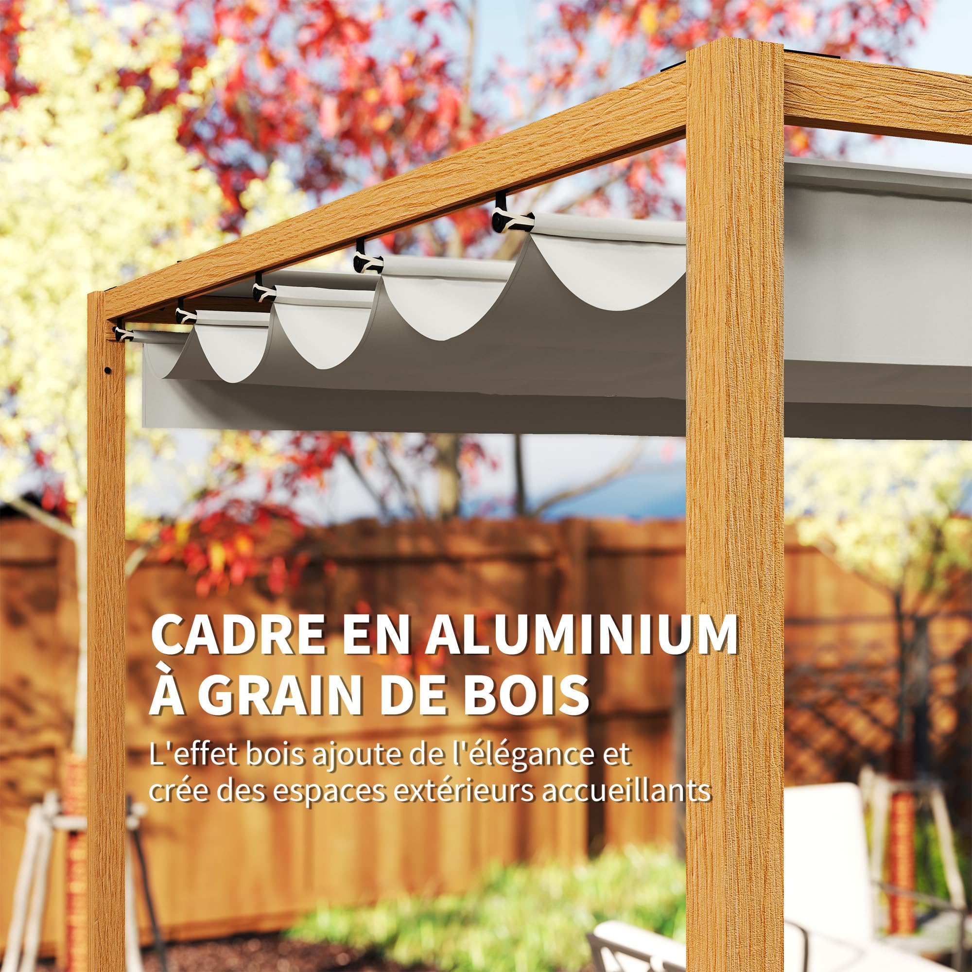 Outsunny Pergola Aluminium pergola Jardin extérieur 4 x 3 m avec Toit rétractable, système de Drainage, tonnelle de Jardin abri Soleil pour terrasse Patio véranda, Bois Naturel